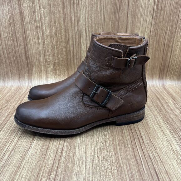 Frye Boots Tyler Engineer Women's Size 7.5B Brown Leather Buckle Moto Zipper - Picture 3 of 9